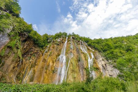 Beautiful view of the most famous waterfalls in the sunshine in Plitvice National Park, Croatia.の写真素材