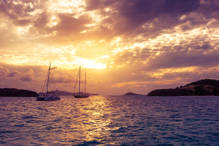 Sailing yacht, cruise on a catamaran across the Caribbean Seaの写真素材