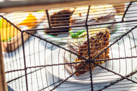 an excellent homemade carrot pie on a white garden rustic tableの写真素材