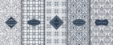 Set of Vintage seamless damask pattern. Template greeting card, invitation and advertising banner, brochure. Collection of design elements, labels, icon, frames for packaging, design of luxury productのイラスト素材