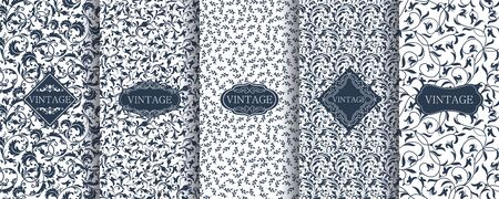 Set of Vintage seamless damask pattern. Template greeting card, invitation and advertising banner, brochure. Collection of design elements, labels, icon, frames for packaging, design of luxury productのイラスト素材
