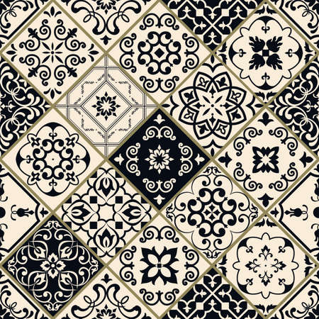 Seamless patchwork in turkish style. Hand drawn background. Azulejos tiles patchwork in black and beige. Portuguese and Spainish decor. Islam, Arabic, Indian, Ottoman motifのイラスト素材