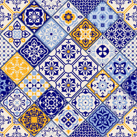 Seamless patchwork tile in blue and white colors. Vintage multicolor pattern in Spanish style. Endless pattern can be used for ceramic tile, wallpaper, linoleum, textile, web page backgroundのイラスト素材