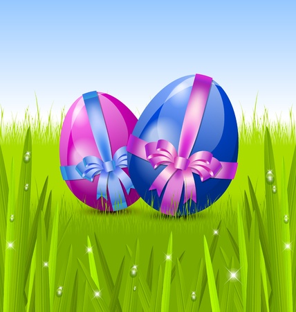 Colored Easter eggs in the morning grassのイラスト素材