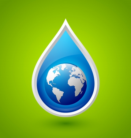 Blue glossy water drop and planet Earth icon isolated on green backgroundのイラスト素材