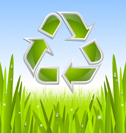 Green and glossy recycled symbol icon with grass and morning dewのイラスト素材