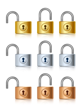 Three stages of golden, silver and bronze padlock iconsのイラスト素材