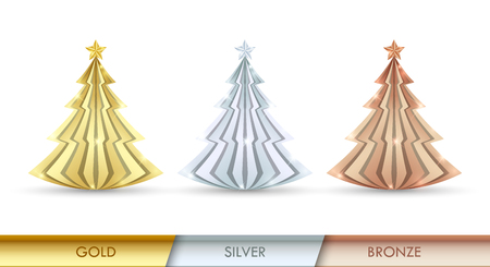 Simple golden, silver and bronze Christmas trees made of precious metals placed on white backgroundのイラスト素材