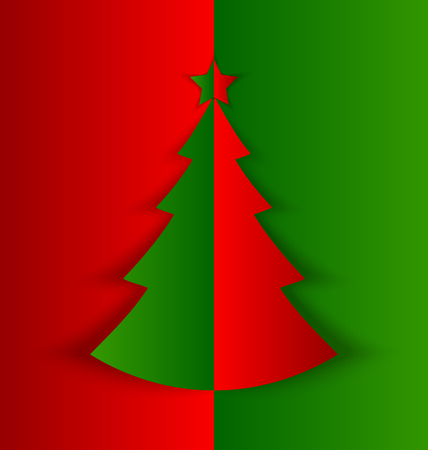 Simple Christmas tree made of folded paper with shadow on red green のイラスト素材