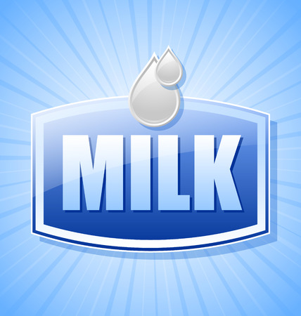 Glossy milk label with milk drops and rays on blue backgroundのイラスト素材