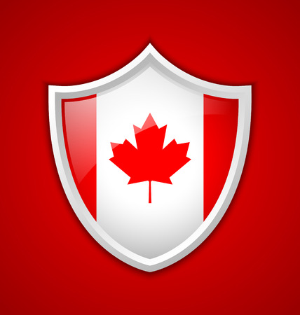 Canadian shield shaped badge or icon with shadow on red backgroundのイラスト素材