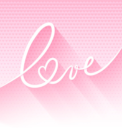 Minimalistic continuous line text lettering of word Love on pink background with small heartsのイラスト素材