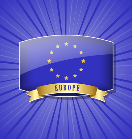 European bulged badge or icon with ribbon on blue backgroundのイラスト素材