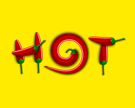 Lettering HOT composed from red chilli peppers placed on yellow backgroundのイラスト素材
