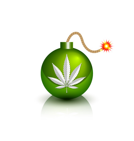 Green burning bomb icon with marijuana hemp (Cannabis sativa or Cannabis indica) leaf on white backgroundのイラスト素材