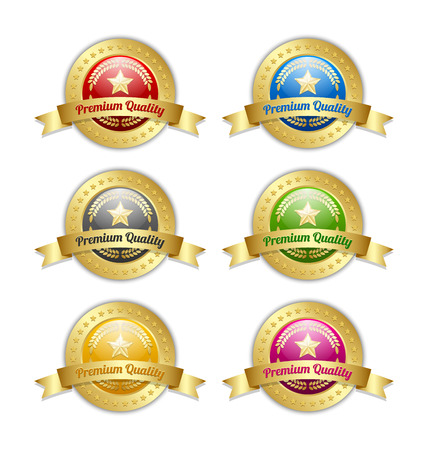 Golden star symbols with Premium quality ribbons and plaques on white backgroundのイラスト素材