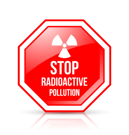 Red and white STOP RADIOACTIVE POLLUTION sign with nuclear symbol on backgroundのイラスト素材