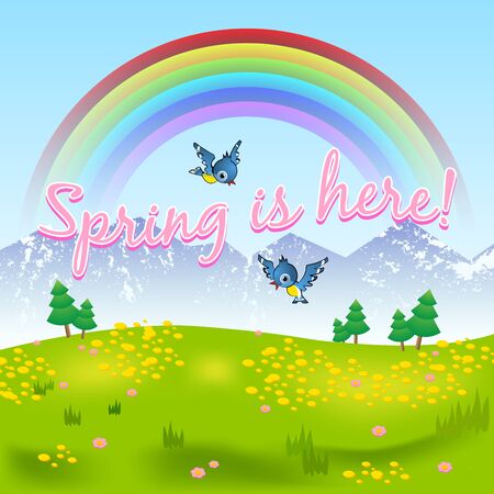 Spring is here natural scenery with grassy meadow included flowers, birds, rainbow, trees and mountains.のイラスト素材