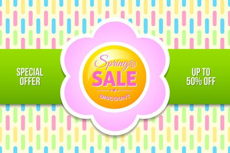 Spring sale discount document template with flower and ribbon on colorful background. All in bright pastel colors suitable for springtime related purposes.のイラスト素材