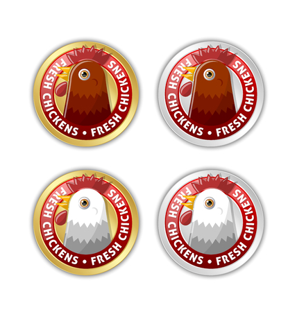 Golden and silver badges with chicken head and lettering Fresh Chickens isolated on white background.のイラスト素材