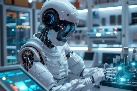 Advanced Humanoid Robot Engaged in Scientific Research at a High-Tech Laboratoryの素材