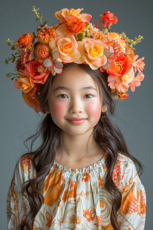 Charming Young Girl with Floral Crown in Vibrant Orange and Peach Hues on Grey Background AI Generativeの素材
