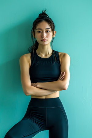 Confident Young Athletic Woman in Sportswear Posing with Arms Crossed in Front of a Turquoise Background AI Generativeの素材
