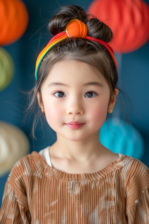 Adorable Little Girl with Colorful Headband Smiling in a Festive Room with Hanging Decorations AI Generativeの素材