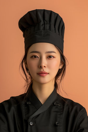 Confident Young Female Chef in Professional Uniform on Pastel Background, Portrait AI Generativeの素材
