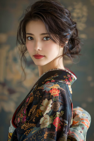 Elegant Young Woman Posing in Traditional Japanese Kimono with Floral Design AI Generativeの素材