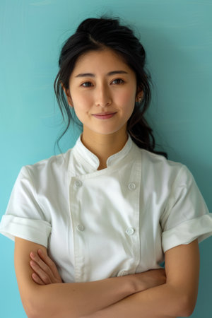 Confident Young Female Chef with Arms Crossed Standing Against Teal Background in Professional White Chef Uniform AI Generativeの素材