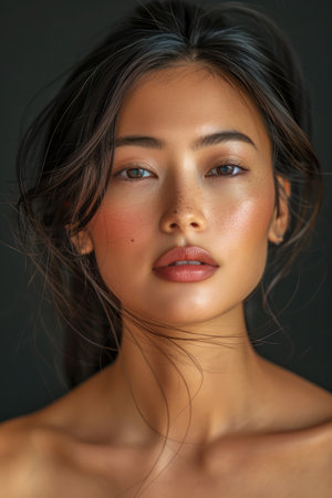 Elegant Young Woman with Flawless Skin and Natural Makeup Looking Thoughtfully at the Camera on a Dark Background AI Generativeの素材