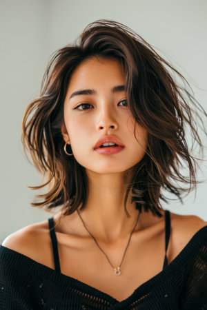 Elegant Young Woman with Short Windswept Hair Posing in Casual Black Top, Fashion Portrait, Natural Look Studio Shot AI Generativeの素材