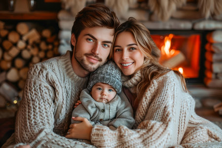 Young Family Enjoying Cozy Moments by Fireplace at Home with Cute Baby AI Generativeの素材