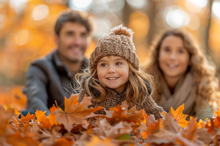 Happy Family Enjoying Autumn Picnic in Park with Cheerful Child Playing in Fall Leaves AI Generativeの素材