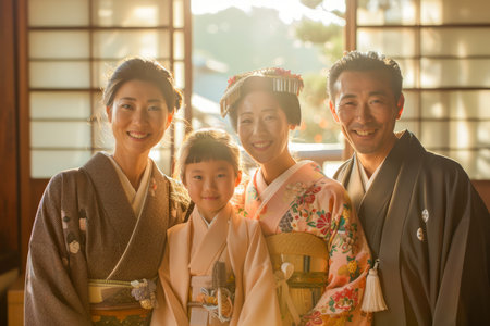 Traditional Japanese Family in Kimonos Smiling Together in a Home with Sunlight AI Generativeの素材
