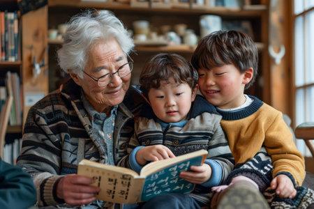 Senior Woman Reading Storybook to Grandchildren in Cozy Home Environment, Bonding with Multiple Generations Family AI Generativeの素材