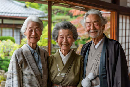 Happy Elderly Japanese People Smiling in Traditional Kimonos at a Serene Garden Setting AI Generativeの素材