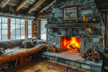 Cozy Rustic Cabin Interior with Stone Fireplace, Warm Fire, and Wooden Furniture by Snowy Window AI Generativeの素材