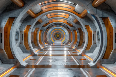 Futuristic Corridor Design with Symmetrical Patterns and Illuminated Orange Accents in a Modern Structure AI Generativeの素材
