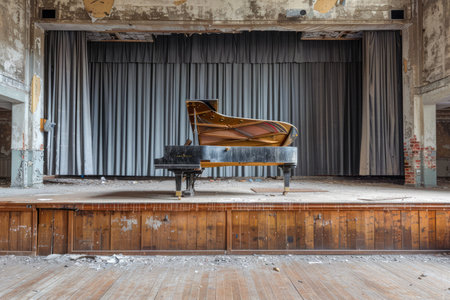 Grand Piano on Abandoned Theater Stage with Tattered Curtains and Decaying Wood Flooring AI Generativeの素材