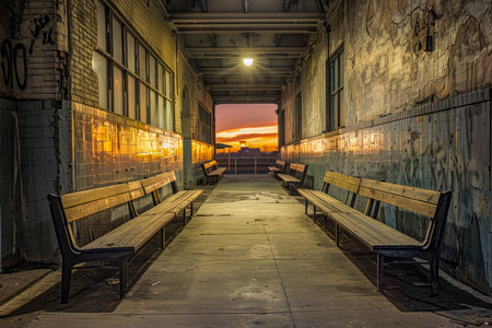 Serene Twilight at Urban Train Station with Empty Benches and Vibrant Sunset AI Generativeの素材
