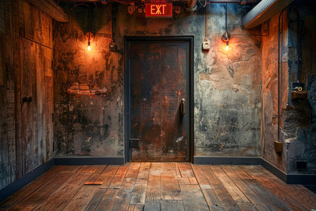 Mysterious Vintage Corridor with Grungy Walls and Wooden Floor Leading to Exit Sign - Atmospheric Urban Setting AI Generativeの素材