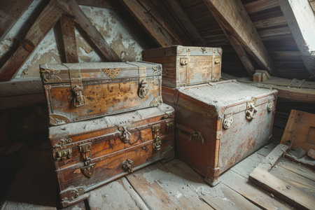Antique Wooden Chests in Rustic Attic Room with Vintage Charm and Mysterious Ambiance AI Generativeの素材