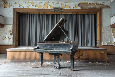 Vintage Grand Piano Center Stage in Abandoned Theater with Peeling Paint and Weathered Curtains AI Generativeの素材