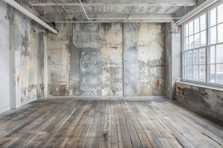 Spacious Industrial Loft with Natural Light, Exposed Brick Walls, and Rustic Wooden Floor AI Generativeの素材
