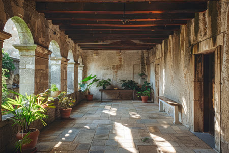 Serene Sunlit Stone Balcony with Lush Potted Plants in a Traditional European Style Estate AI Generativeの素材