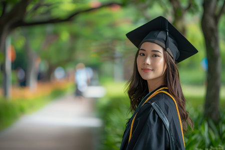 Confident Female Graduate with Cap Smiling Outdoors in University Campus Setting with Trees AI Generativeの素材