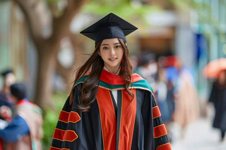 Confident Young Woman in Graduation Gown and Cap Walking Outdoors with Other Graduates Blurred in Background AI Generativeの素材