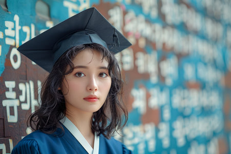 Confident Young Female Graduate in Cap and Gown Posing in Front of Wall with Inspirational Words AI Generativeの素材